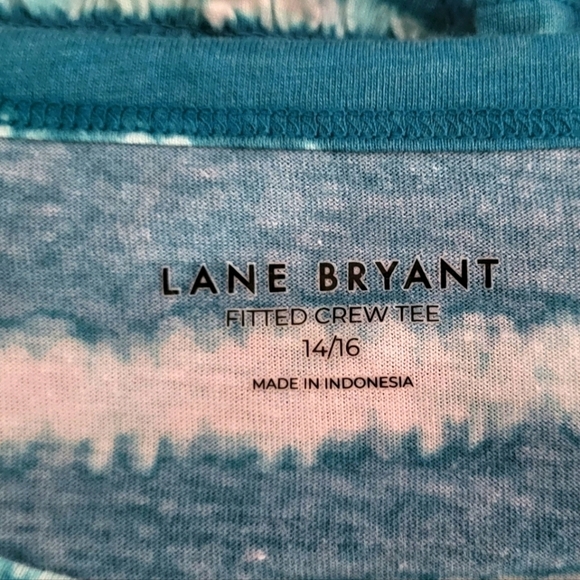 Lane Bryant Crew Neck Teal Stripe Elastic Bottom Tee - Picture 4 of 9